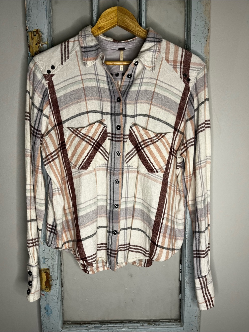 Free People Cream Plaid Button-Down Shirt with Brown Stripes